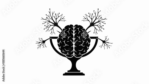 Symbolic brain with branching neural connections emerging from a trophy base representing achievement and intelligence