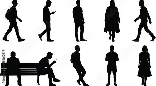 Human posture icon set, black silhouette illustrations, walking, sitting, leaning, phone use, casual gesture theme, vector graphics