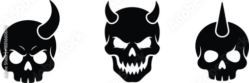 Horned skull icon set, black silhouette illustrations, fantasy expressions, single and double horn variants, vector graphics, mythic theme