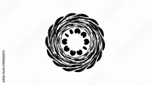 Abstract black ink mandala design on a clean white background, symbolizing harmony and flow.