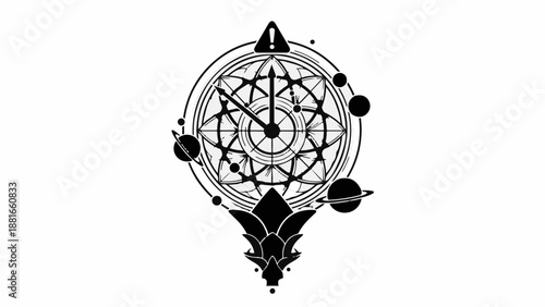 Mystical cosmic clock with celestial bodies and floral element, representing time and universal connection.