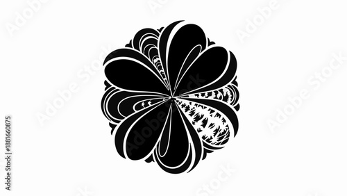 Intricate black and white abstract floral design with organic swirling patterns.