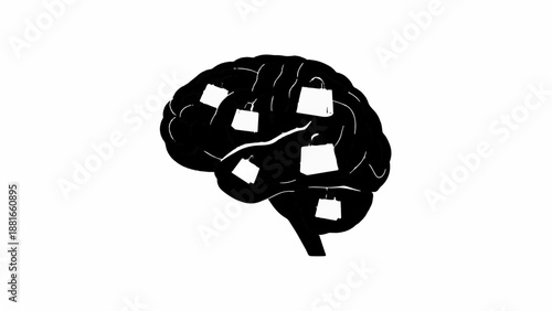 Black brain silhouette filled with shopping bags, symbolizing consumerism and materialism.