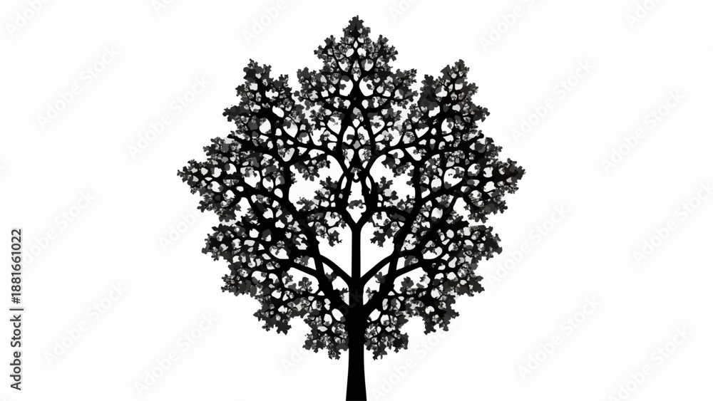 Fototapeta premium Intricate silhouette of a stylized tree with a symmetrical, fractal-like canopy against a white background.