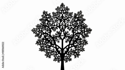 Intricate silhouette of a stylized tree with a symmetrical, fractal-like canopy against a white background.