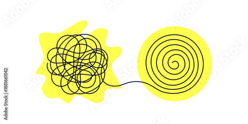 Tangled mess evolving, spiral path. Line concept