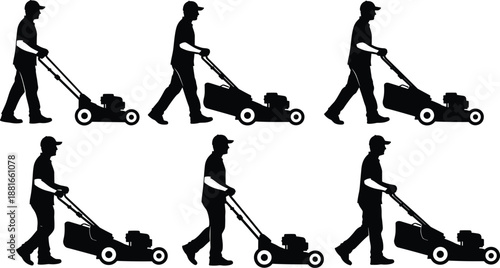 Lawn mowing icon set, black silhouette illustrations, walking poses with mower, outdoor maintenance theme, vector graphics, garden care
