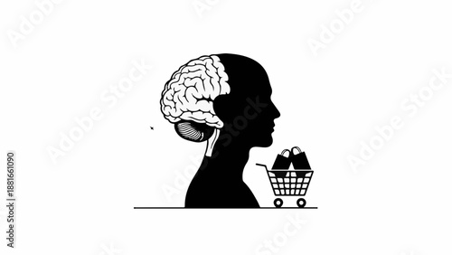 Consumerism mind controlled by impulse purchases, represented by a shopping cart filled with goods in a silhouette head.