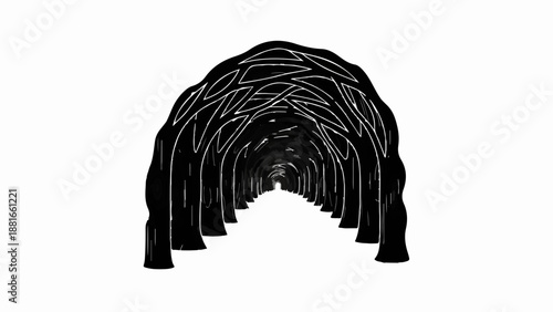 Mysterious dark tunnel with abstract organic shapes stretching into the distance