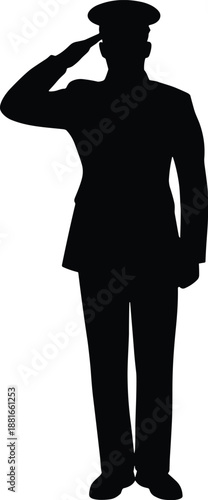 Military salute icon, black silhouette illustration, formal uniform, peaked cap, respect and service theme, vector graphics, ceremonial design