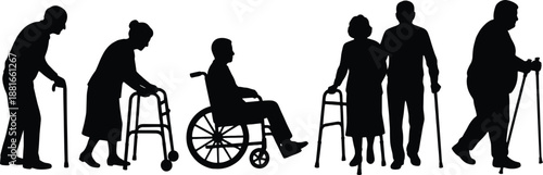 Mobility aid icon set, black silhouette illustrations, cane, walker, wheelchair, crutches, rehabilitation and accessibility theme, vector graphics