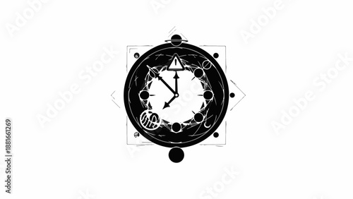 Mysterious clock with celestial symbols and a warning sign, representing time and destiny.