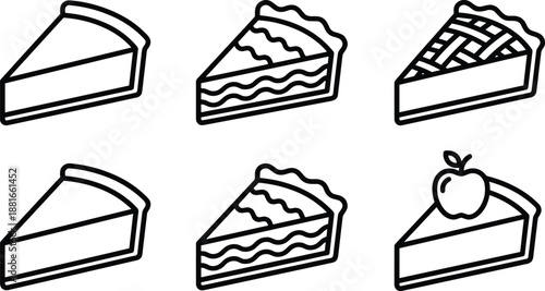 Pie slice icon set, black-and-white line illustrations, lattice, wavy, plain, apple topping styles, dessert theme, vector graphics