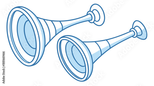 Cartoon blue trumpet pair illustration, playful musical horn design, minimal vector clipart art