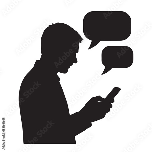 Man's silhouette engaged in smartphone communication with speech bubbles indicating chat