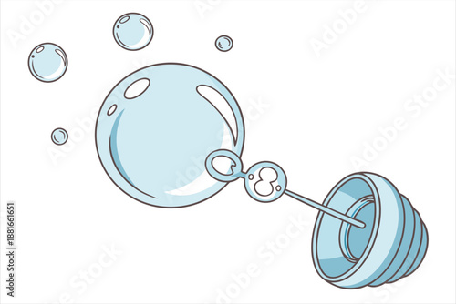 Soap bubble, bubble wand, cute illustration, blue color, shiny surface, clean background playful concept, floating shape