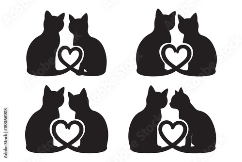 Romantic black cat silhouettes with intertwined tails forming a loving heart design