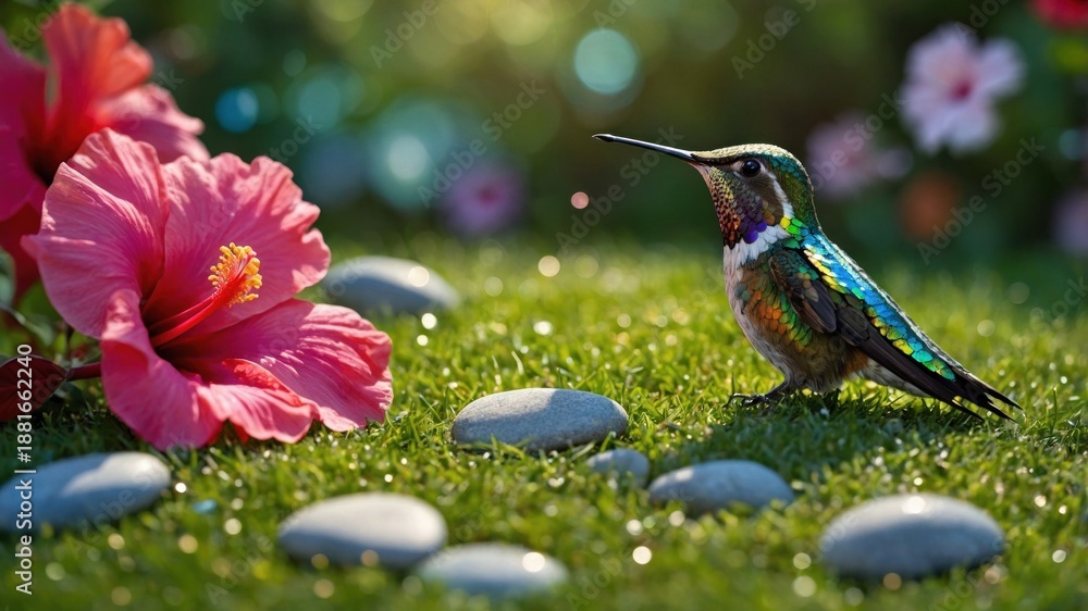 Naklejka premium Vibrant hummingbird perched on grass surrounded by colorful flowers and pebbles in a serene garden
