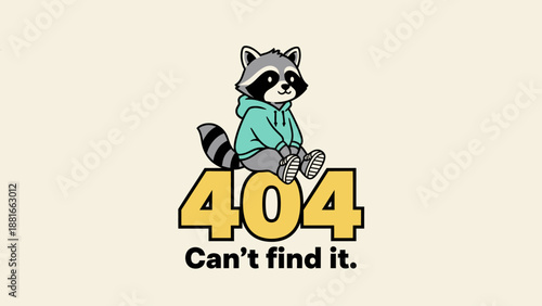 Cute Raccoon Mascot Sitting on 404 Error Page. Funny "Can't Find It" Concept for Website UX and UI Design.