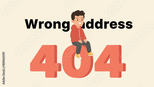 404 Error Page Not Found Vector Illustration. Cute Cartoon Boy Sitting on Large Digits, Concept of Wrong Address, Broken Link, or Website Issue.
