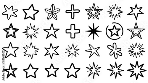 Collection of Hand-Drawn Star and Plus Icons for Decorative and Design Use