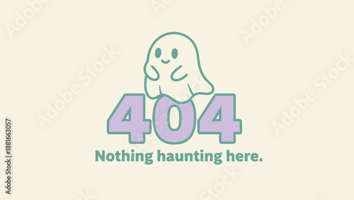 Cute 404 Error Page Design with Friendly Ghost and Pun Text. Humorous "Nothing Haunting Here" Concept for Web Interface and UX.
