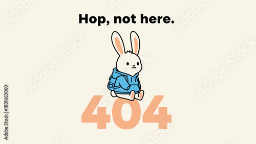 Cute 404 Page Not Found Error Illustration: Cartoon Bunny Mascot Sitting with Backpack and "Hop, Not Here" Text for Website Design UX/UI.