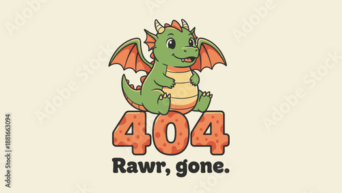 Adorable Green Dragon Mascot 404 Error Page Illustration. Funny Cartoon Concept for Website Not Found, Broken Link, or Server Failure.