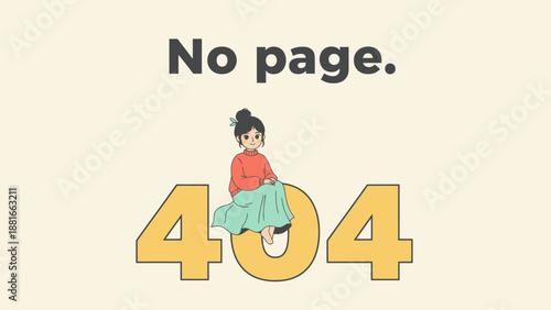 Cute 404 Error Page Illustration. Friendly "Page Not Found" web design template with a smiling woman sitting on large numbers.