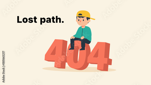 404 Error Page Not Found Vector Illustration. Lost Path Concept with Frustrated Boy Sitting on Large 3D Numbers.