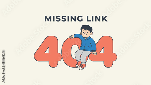 Friendly 404 Error Page Illustration: Boy Character Sitting on Large Numbers - Missing Link Web Template Design