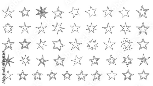 Collection of Hand-Drawn Star Shapes, Doodle Style, Isolated on White Background