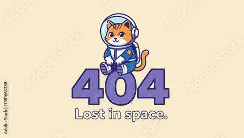 404 Error Page: Cute Astronaut Cat Lost in Space. Funny website page not found concept illustration vector.