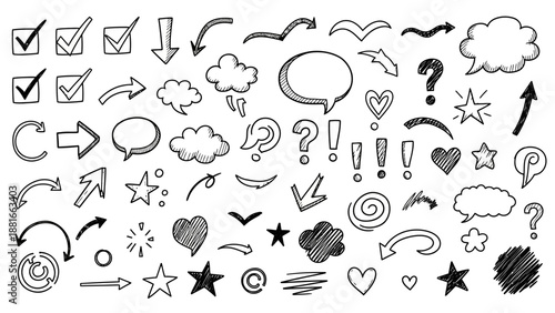 Collection of Hand-Drawn Doodle Icons: Arrows, Hearts, Stars, Clouds, and More