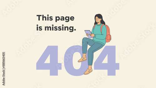 404 Error Page Illustration: Student Sitting on Missing Page Numbers. Modern Web Design, Not Found Message, Dead Link Concept.