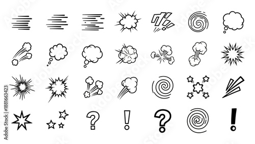 Collection of Hand-Drawn Comic Effect Elements and Symbols for Visual Storytelling
