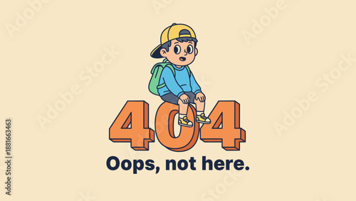 Friendly 404 Error Page Illustration: Cute Cartoon Boy Sitting on Numbers with "Oops, Not Here" Message. UX/UI Design Concept.