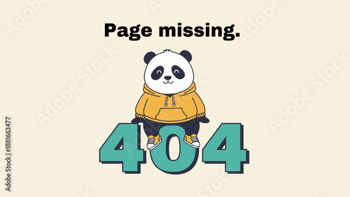 Cute Cartoon Panda Sitting on 404 Error Code with "Page Missing" Text. Creative Website Template for Page Not Found Design.