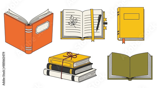 Collection of hand-drawn books: open, closed, stacked, and with bookmarks