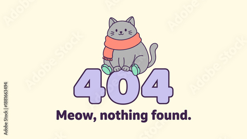 Adorable Cartoon Cat Mascot Sitting on 404 Error Page. Cute Kitten Illustration for Website Page Not Found Screen Design.