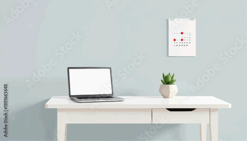 Minimalistic workspace with a laptop and calendar on a light background

