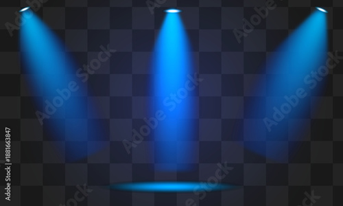 Three blue spotlights on stage