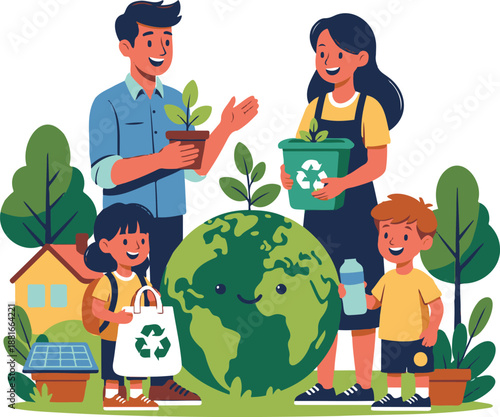 A happy family with kids promoting eco friendly living and sustainability