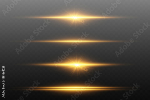 Effect of golden horizontal rays of light and flashes on a transparent background