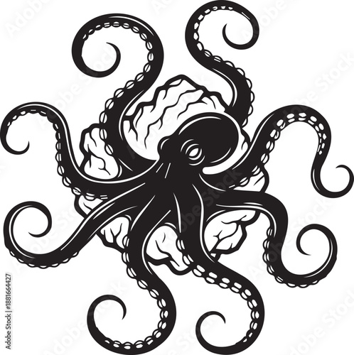 A black and white illustration of an octopus in a circular design