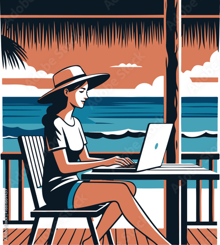 A woman works on her laptop at a beachside table during sunset