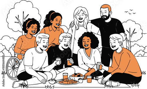 A diverse group of friends enjoying a picnic together outdoors