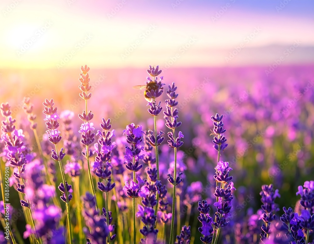 Obraz premium Field of purple blooms bathed in warm sunlight