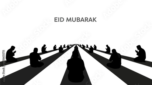 Minimal black silhouette Eid Mubarak illustration featuring a long perspective road leading toward the horizon with small human figures on both sides. The symmetrical composition represents spiritual 