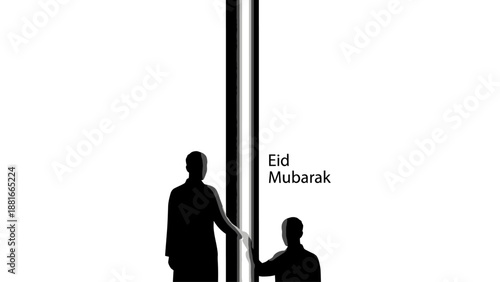 Minimal black and white Eid Mubarak illustration featuring tall vertical shapes and human silhouettes, symbolizing faith, humility, and spiritual growth during the Eid celebration. The abstract archit